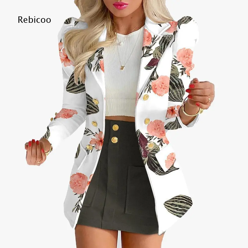 Womens Lapel Floral Print Two Piece Suit Open Front Blazer Matching High Waist Mini Skirt For Street And Business Casual Wearing