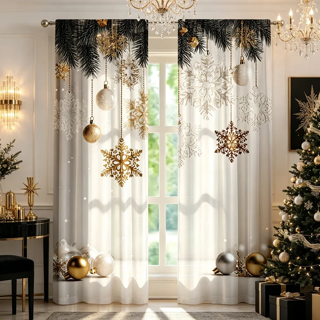Elegant sheer Christmas curtain panels with snowflake and garland design for living room window decor