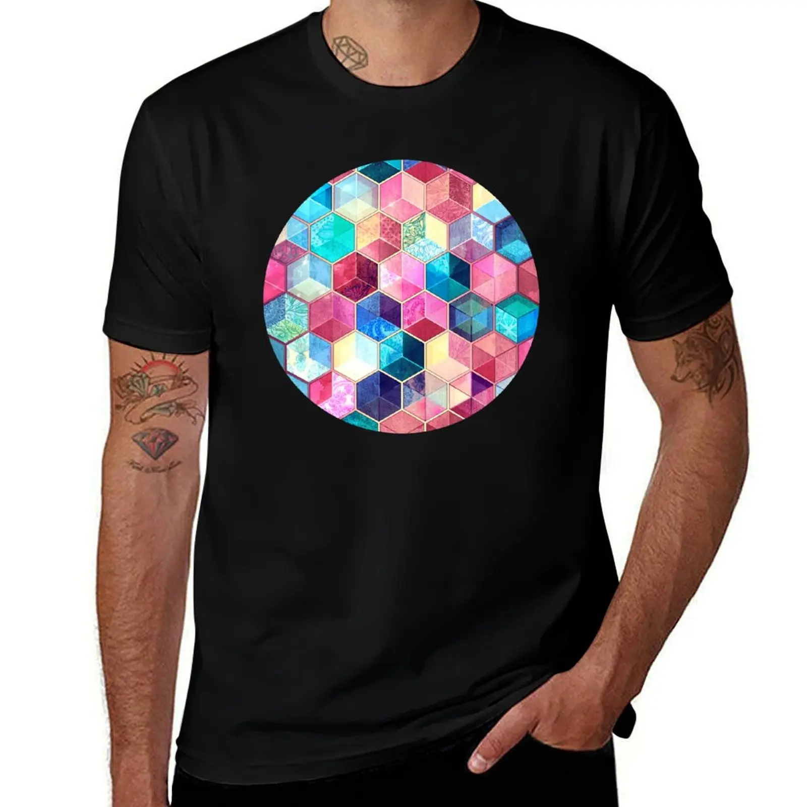 Topaz & Ruby Crystal Honeycomb Cubes T-Shirt Casual Pattern Print Tee Shirt T-Shirt
