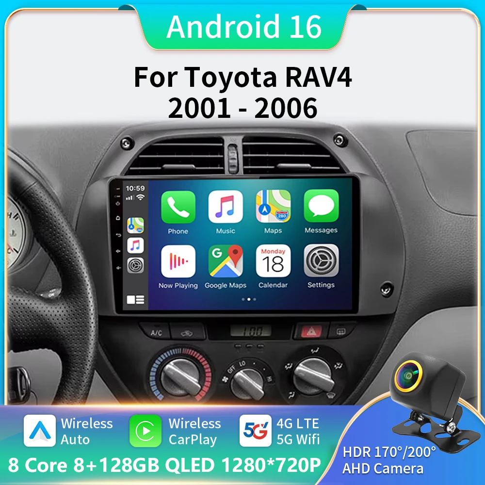

4G CarPlay Android 16 Radio For Toyota RAV4 2001-2006 Car Multimedia Player 2 din Head Unit GPS Stereo AI Voice Autoradio DSP