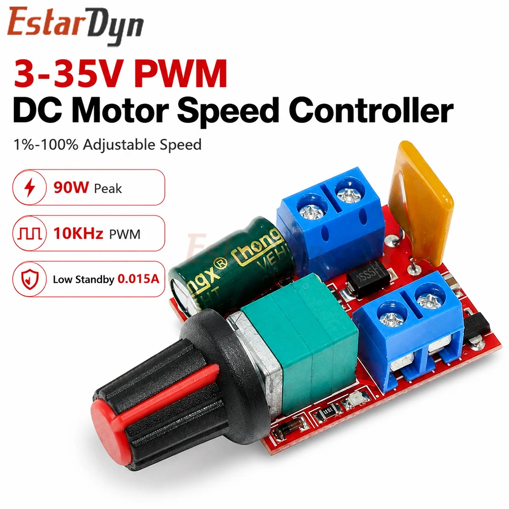 Estardyn 5A 90W PWM DC Motor Speed Controller 4.5V-35V 12V 24V Wide Voltage Adjustable Module