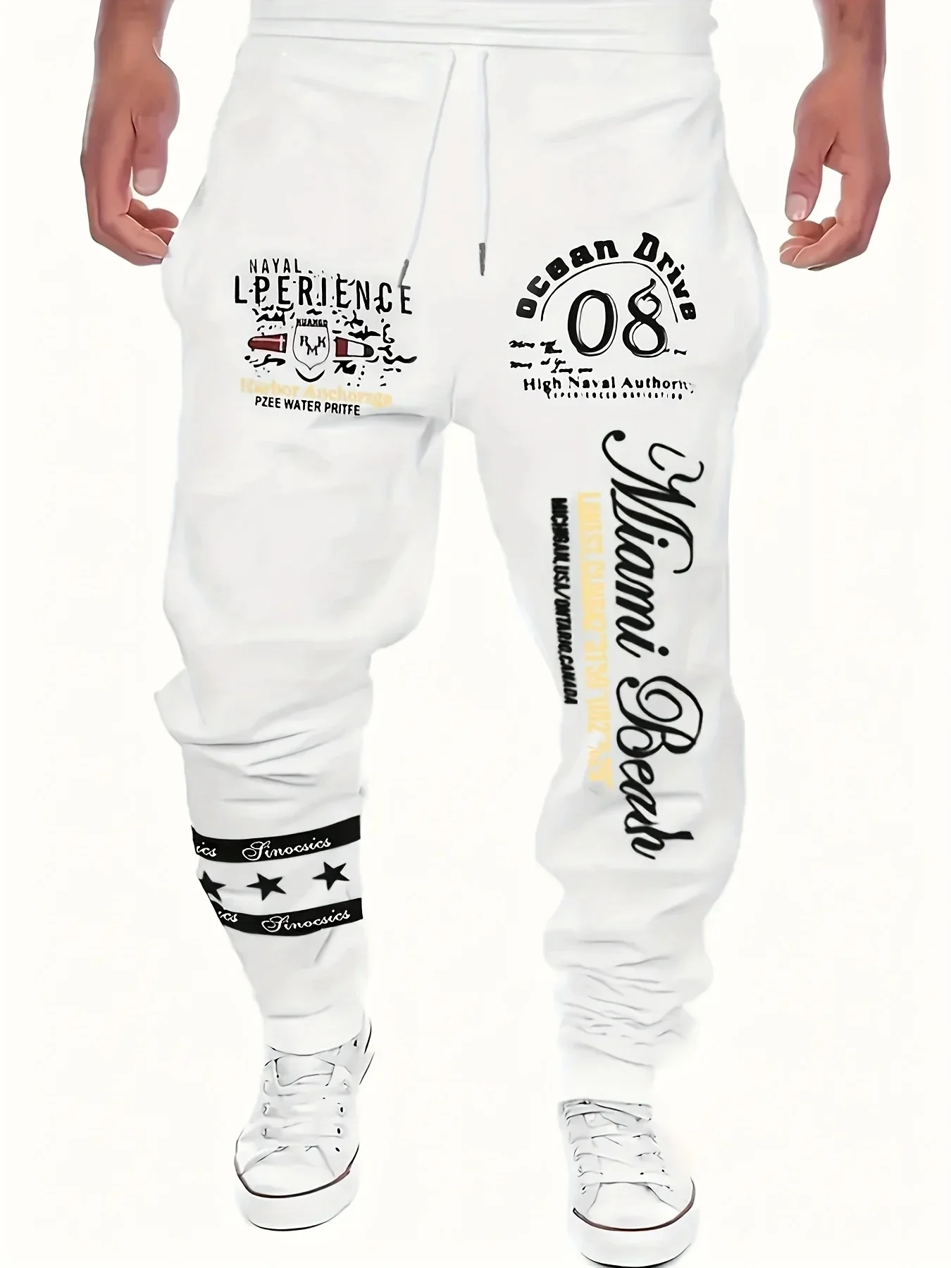 

American Vintage Navy-Style Sweatpants with Letters and Numbers 3D Print, Miami Theme, Drawstring Trendy Casual Pants