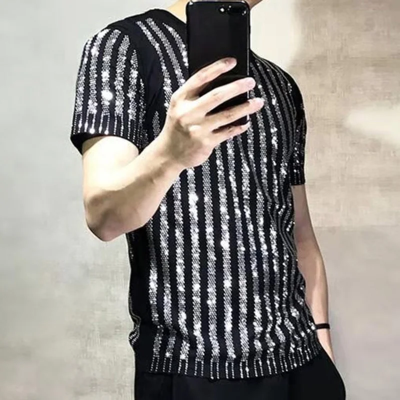 Black Fashion Diamond Rhinestone T-shirt Mens High Quality T Shirt Men Short Sleeve Streetwear Casual O-Neck Tee Shirt Homme