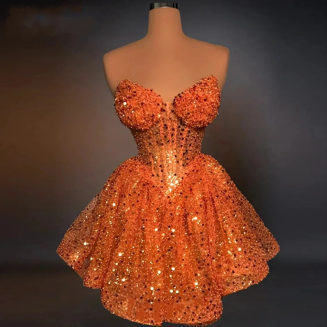 

Sexy Sequines Orange Short Prom Party Dress 2026 Sweetheart Puffy Mini Cocktail Club Birthday Gowns Christmas Robe De Soriee