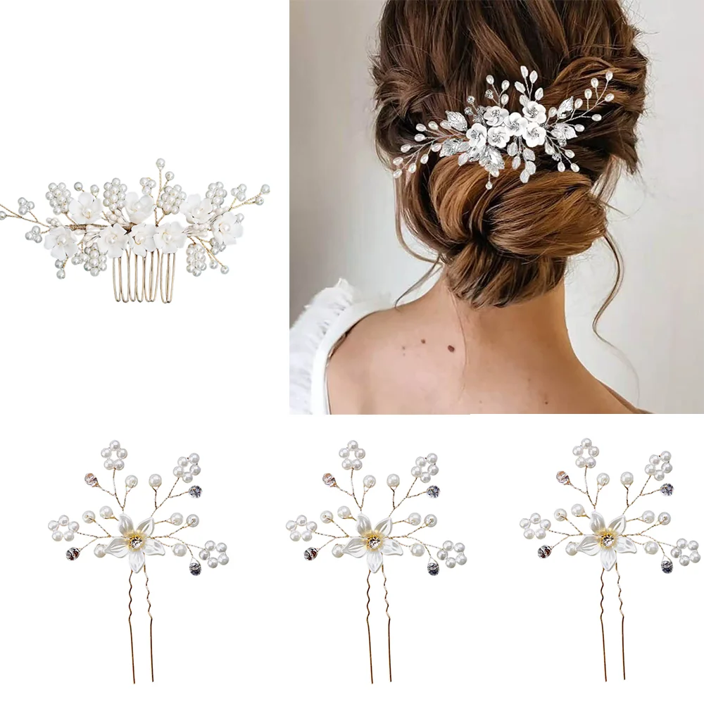 

5-Piece Forest Style Floral Pearl Hair Comb and Hairpin Set, Soft Style, Suitable for Bridal Wedding / Flower Girl Styling