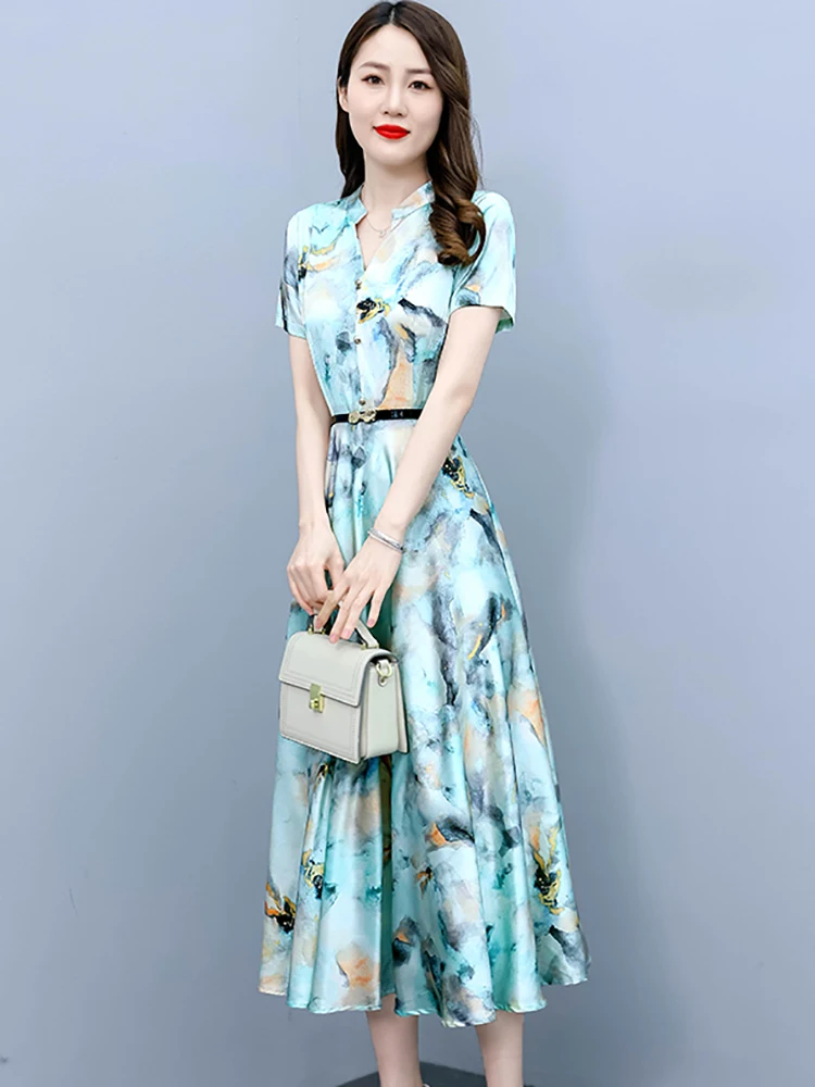 Zomerprint Zijde Satijn Korte Mouw V-Hals Midi Jurk 2024 Elegante Luxe Feestjurk Voor Vrouwen Chique Koreaanse Casual Maxi Jurken