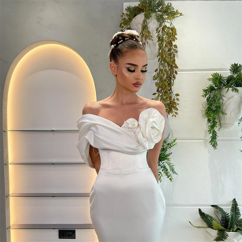 Zeemeermin Gewaden De Mariage Satijnen Trouwjurk Sexy Trouwjurk Eenvoudige Één Mouw Off Shoulder Bloem Hochzeitskleid Abito Da Sposa