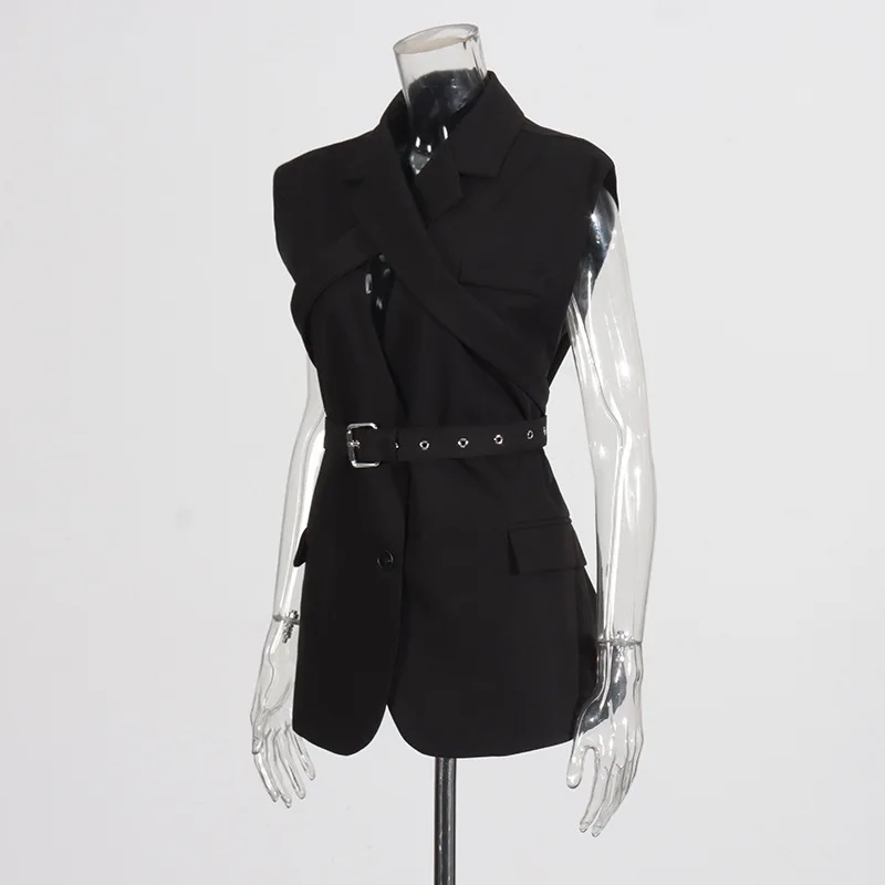 HKSH Women Sleeveless Blazer Trendy Fashion Personalized Cross Bandage Design Solid Color Patchwork Punk Niche Waistcoat HK27975