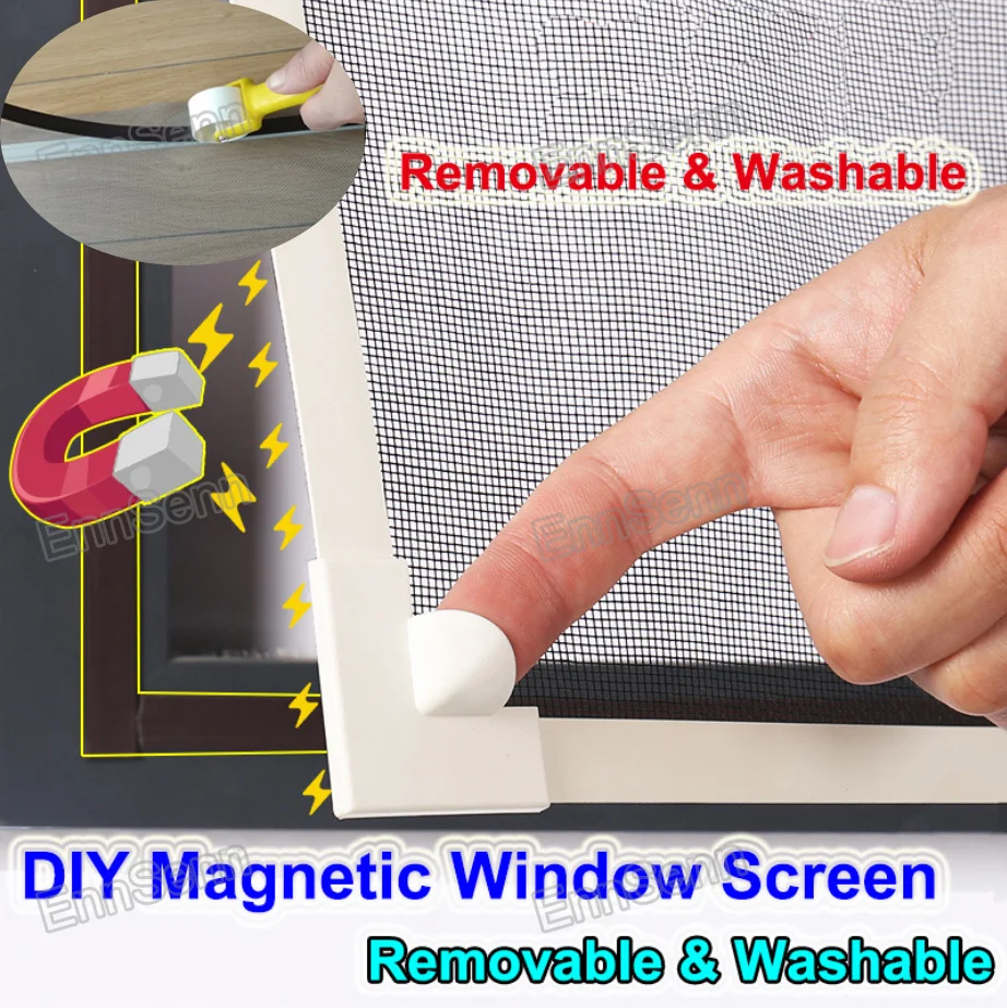 Adjustable Custom Made DIY Magnetic Window Screen fit windows Up to Any Size Removable&Washable White/Dark gray/Brown Frame