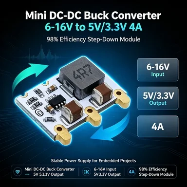 98% Efficiency 4A Buck Regulator, 6-16V to 5V/3.3V, Mini Step-Down Module