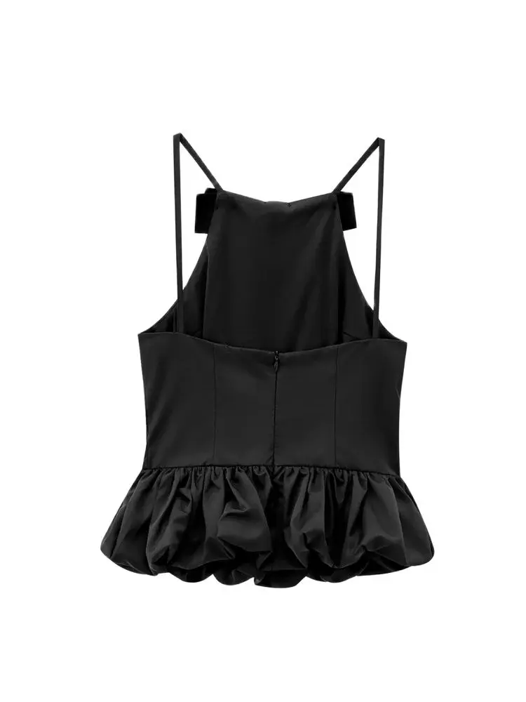 TRZA-Women's Velvet Bow Balloon Poplin Tank Tops, Straight Neck, Thin Straps, Female Camis, Sexy Fashion image 2