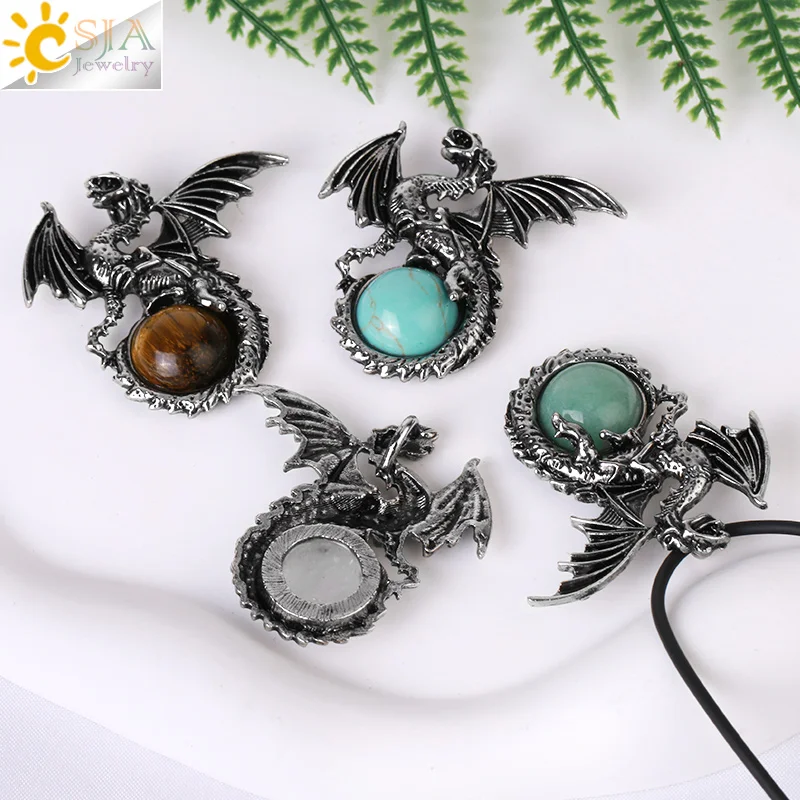 CSJA Vintage Wing Dragon Crystal Necklace for Men Women Natural Stone Round Gem Stone Crystals Obsidian Pendants  Jewelry H146