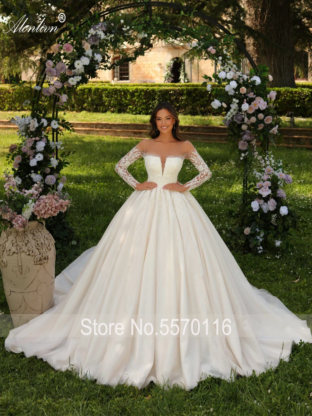 Alonlivn Elegant Wedding Dresses Full Sleeves Beading Pearls Appliques Illusion Neck A-Line Bridal Gowns