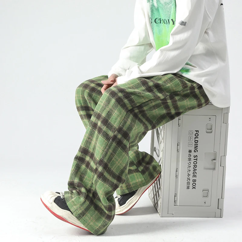 

y Retro Woolen Pants Men's Casual Straight Leg Trousers een Plaid Pattern Youthful Vitali Sle Autumn Winter