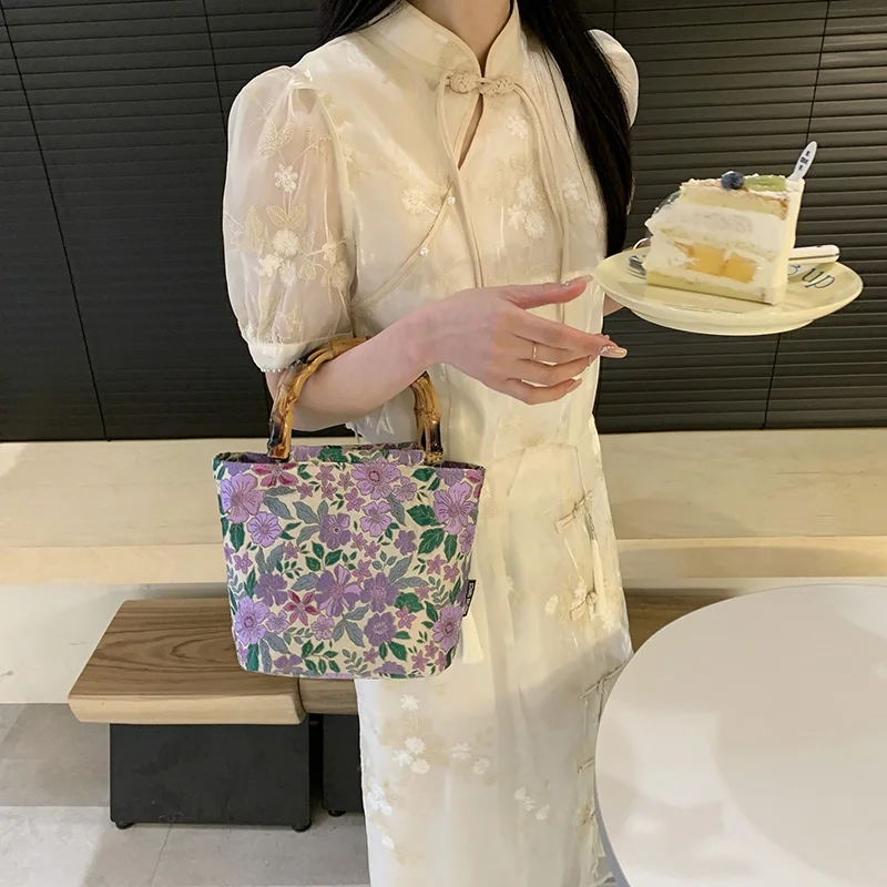 Chinese Style Bamboo Embroidery Tote Bag for Woman Fashion Luxury Design Top Handle Handbag Shopper Lightweight Unique Satchel