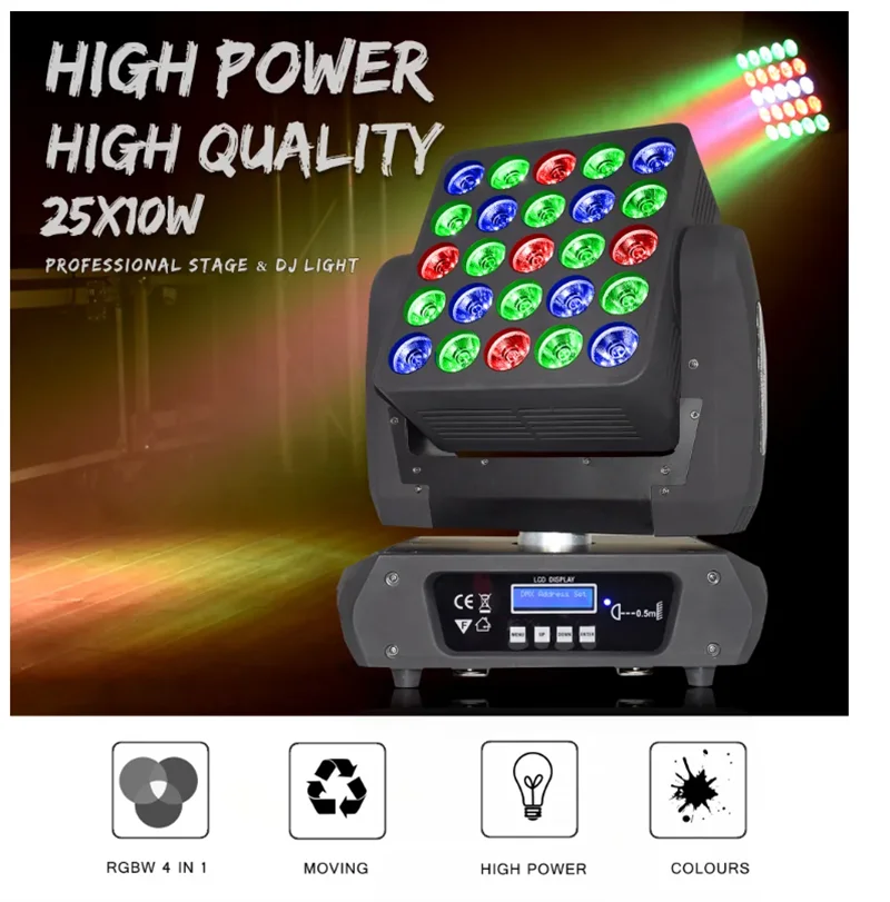 2023 Professional Stage light 25pcs*10W 5*5 RGBW 4in1 5x5 Matrix Moving Led Moving Head Matrix Light Of Stage Bar Dj CW-LM2510