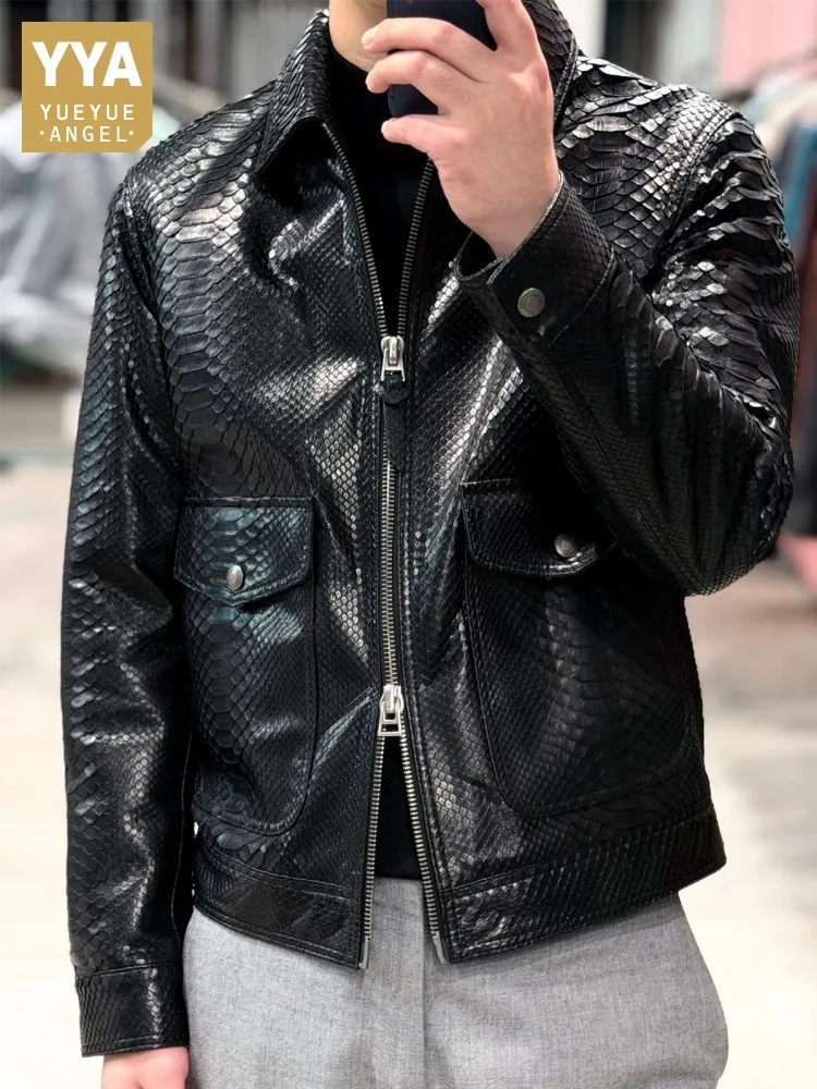 Luxuriöse Hochwertige Schlangenhaut Echtleder-Jacke für Herren Slim Fit Modischer Designer Kurzmantel Maßanfertigung Keine Rückgabe möglich