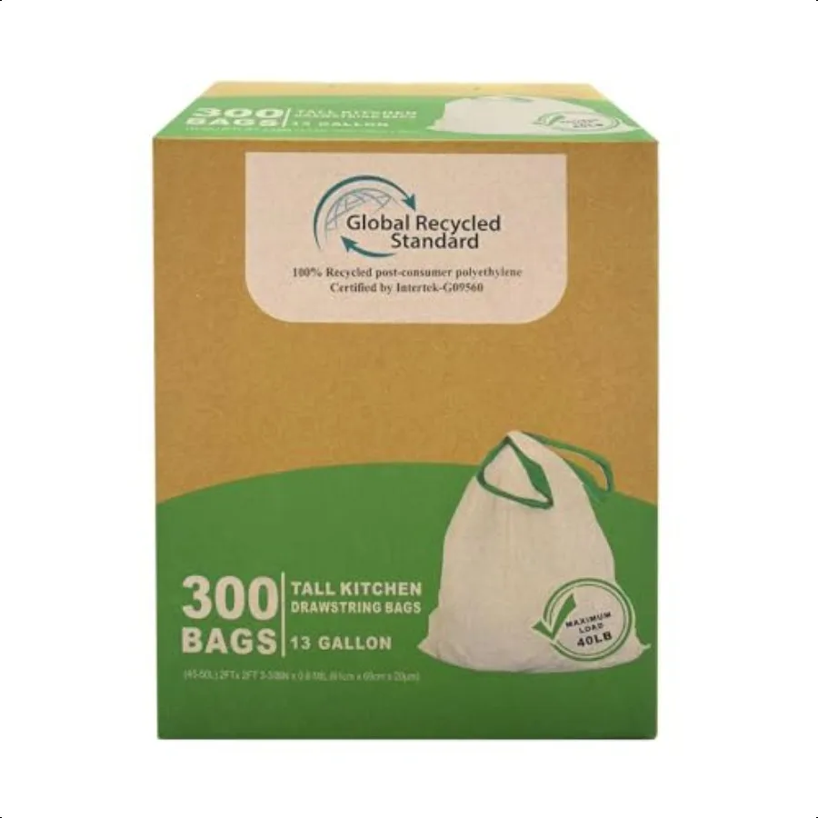 

300 Count 13 Gallon Tall Kitchen Drawstring Trash Bags GRS Compliant EcoFriendly Recycled Material