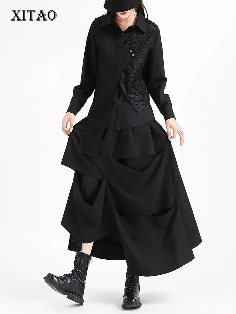 XITAO Hollow Out Folds Patchwork Skirts Solid Color Elastic Waist A-line Mid-calf All Match Personality 2025 Autumn New GJ1086