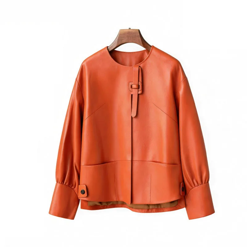 Orange Black Leather Jacket 2026 New Women's Leather Coat Round Neck Lantern Sleeves PU Leather Outerwear Spring and Autumn Coat