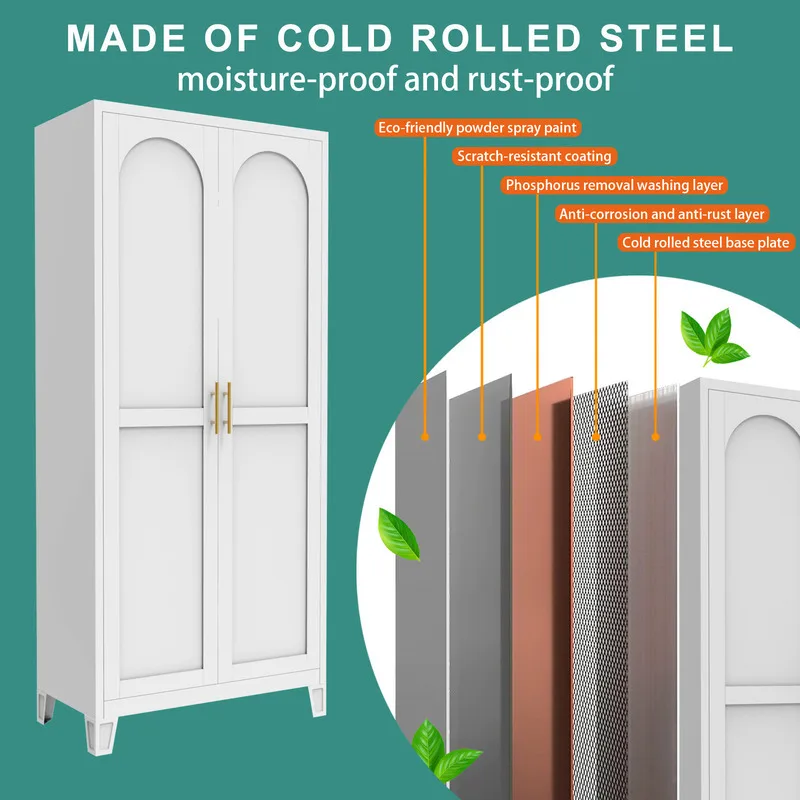 خزانة تخزين معدنية مقاس 71 بوصة مع أبواب وألواح قابلة للتعديل لغرفة النوم وغرفة المعيشة والمطبخ (أبيض) #4