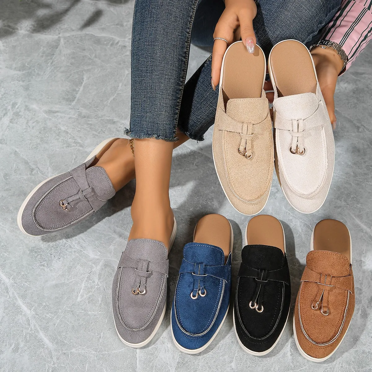 Casual Flat Bottom Mules Tassel Loafers Fashion Women Single Shoes Brand Metal Buckle Slipper Comfortable Slip Women Slippers