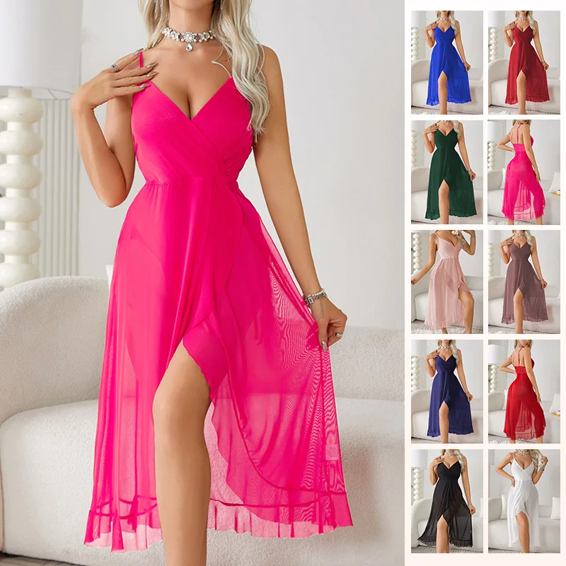 

Women's Chiffon Nightgown High Split Sleep Dress V Neck Sleepwear Solid Color Mesh Nightwear