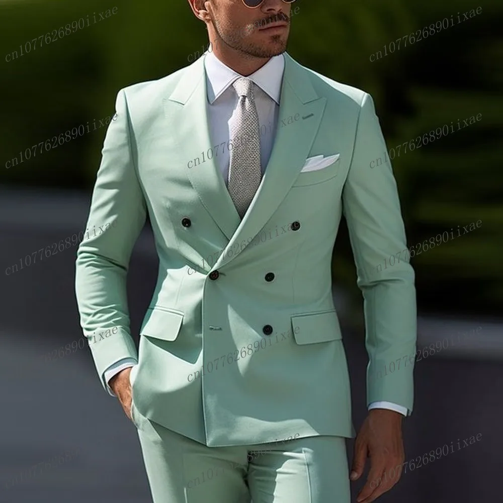 

New Male Formal Occasion Mint Men Suit Groom Groomsman Wedding Party Prom Business Tuxedos 2 Piece Set Blazer Pants