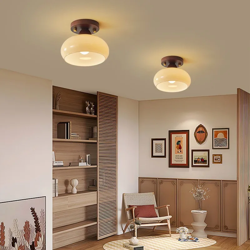Corridor Light Chinese Retro Entrance Ceiling Light Simple and Creative Walnut Color Wabi Sabi Style Entrance Hall Light Lamp