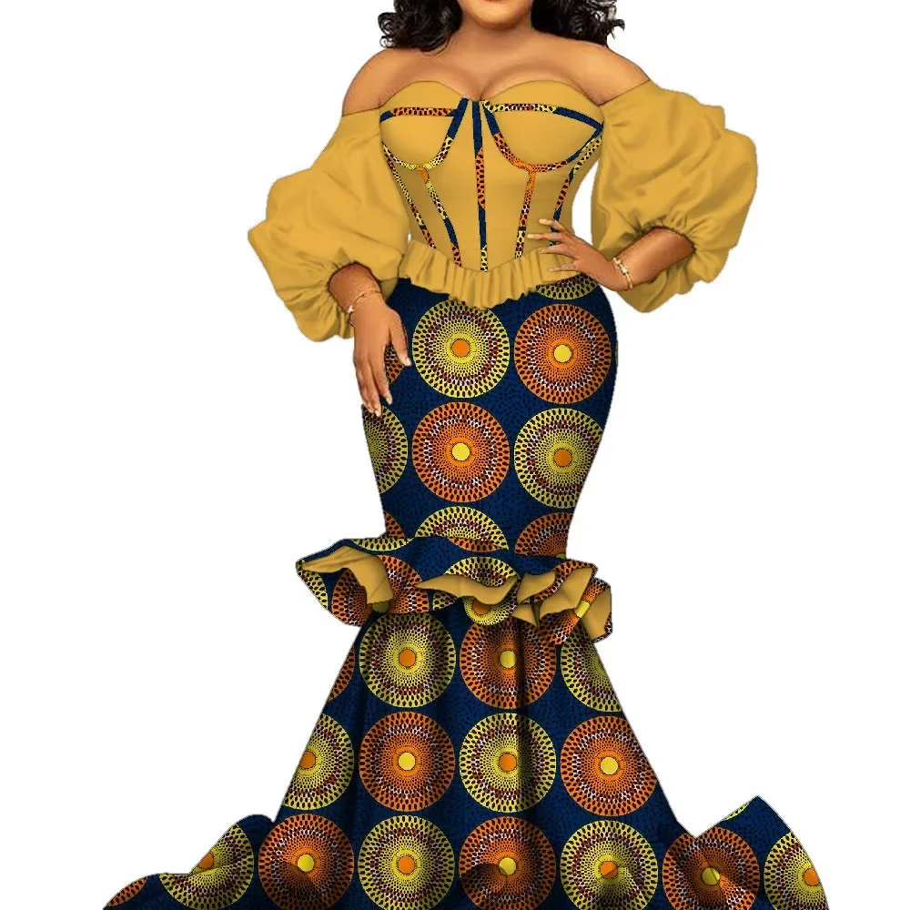 Африканские женские платья Riche Хлопок Африканский принт длиной до пола с пышными рукавами Вечернее платье Свадебное платье Африканская женская одежда на заказ