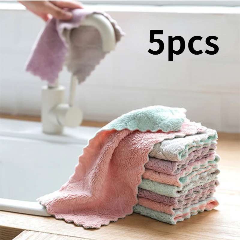 5pcs Microfiber Towel Absorbent Kitchen Cleaning Cloth Non-stick Oil Dish Towel Rags Napkins Tableware Household Cleaning