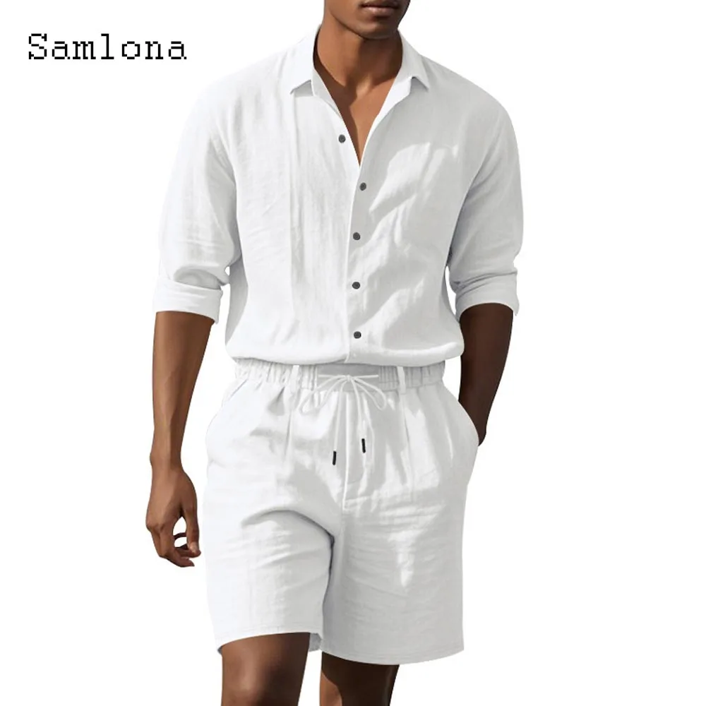 2025 Men's Stand Pocket Casual Two Piece Sets White Notched Basic Shirt and Baggy Shorts Co-ords Male Beach Tracksuits Set New