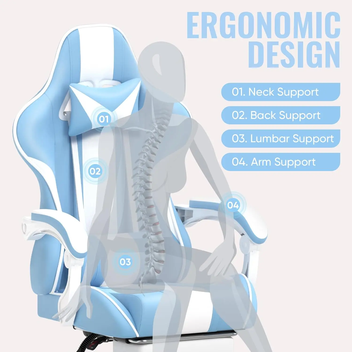 Kursi bermain Game, kursi komputer permainan PC gaya balap ergonomis dengan sandaran kepala penopang Lumbar dapat disesuaikan (biru muda)