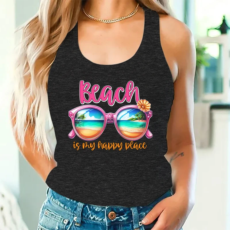 Summer Women Sexy Tops Beach Is My Happy Place Racerback Tank Top Women Tropical Summer Glasses Casual Top Holiday Beach Tanks