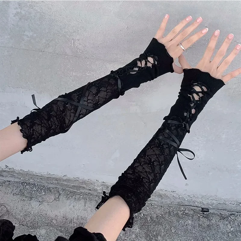 Lolita Sweet Girls Strapping Bow Fishnet Lace Fingerless Gloves Sexy Floral Sunscreen Oversleeve JK Gothic Elastic Mesh Handwear