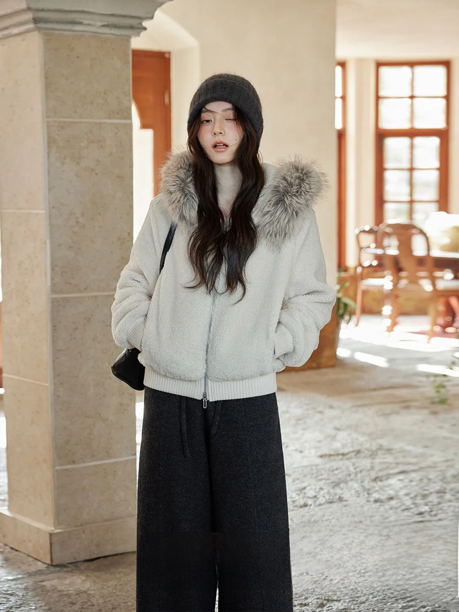 

Женское пальто с капюшоном и воротником из овечьей шерсти, асимметричной молнией, длинными рукавами, зимняя верхняя одежда