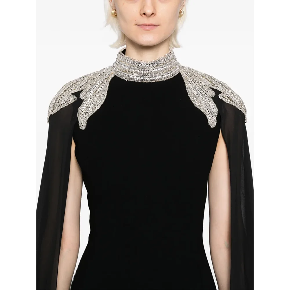 맞춤형 블랙 하이 칼라 이브닝 드레스 우아한 공식 행사 프롬 가운 크리스탈 긴 소매 바닥 길이 프롬 드레스