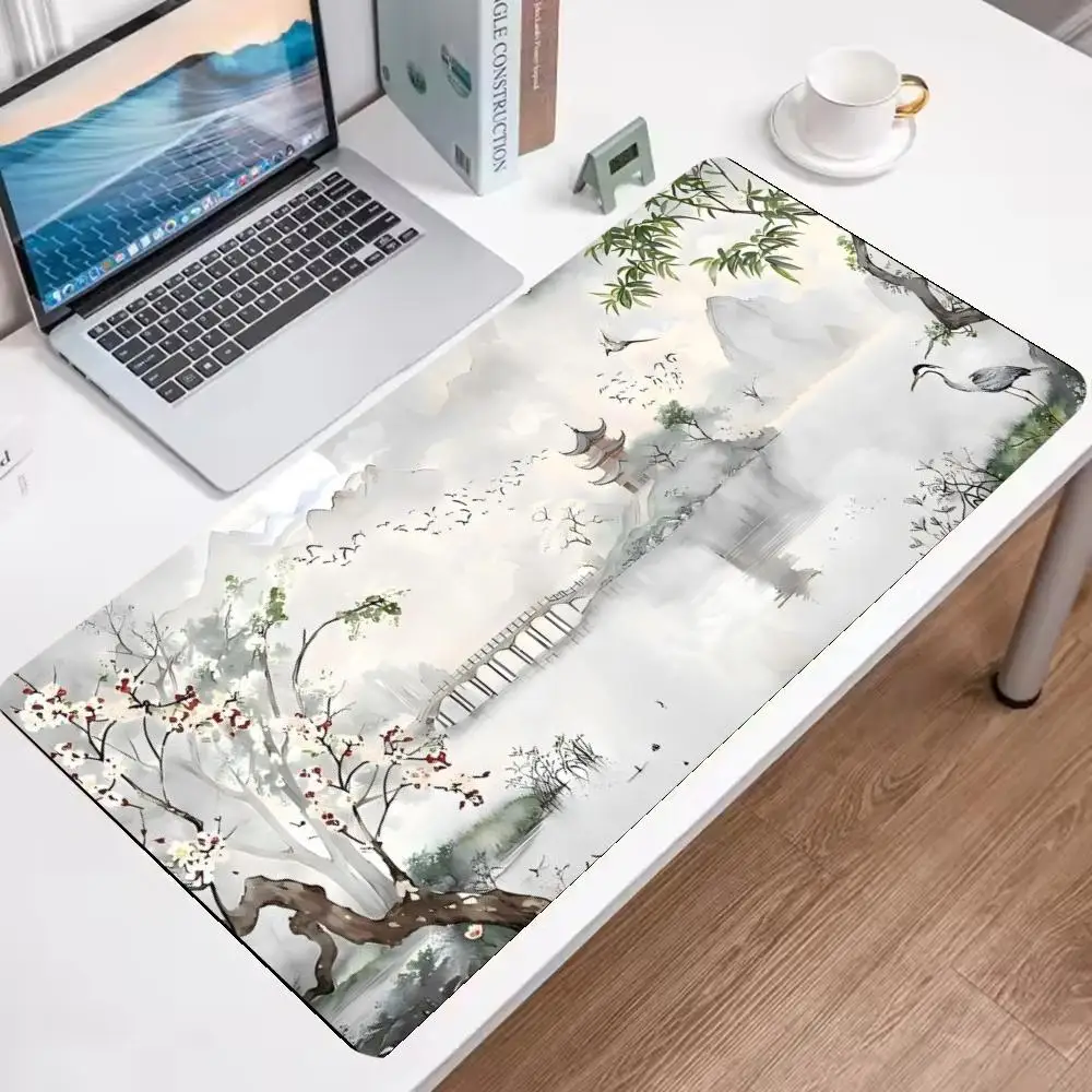 

Большой коврик для мыши с китайской живописью тушью - Элегантный коврик для стола с изображением журавлей и горного пейзажа, нескользящая гладкая поверхность, игровой коврик для мыши