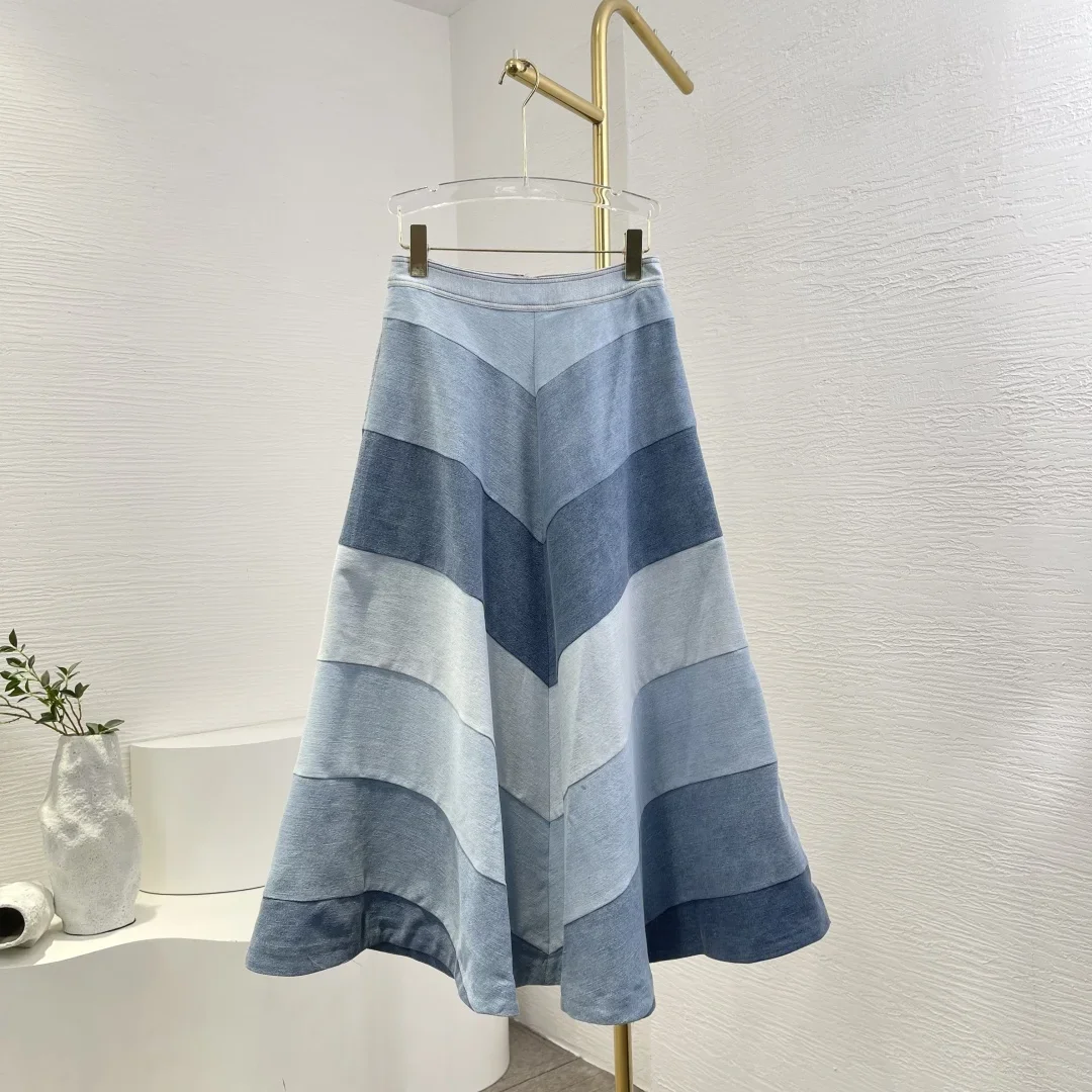 

High Quality Blue Short Sleeve Jeans Denim Blouse Tops and Midi Skirt Set 2025 New