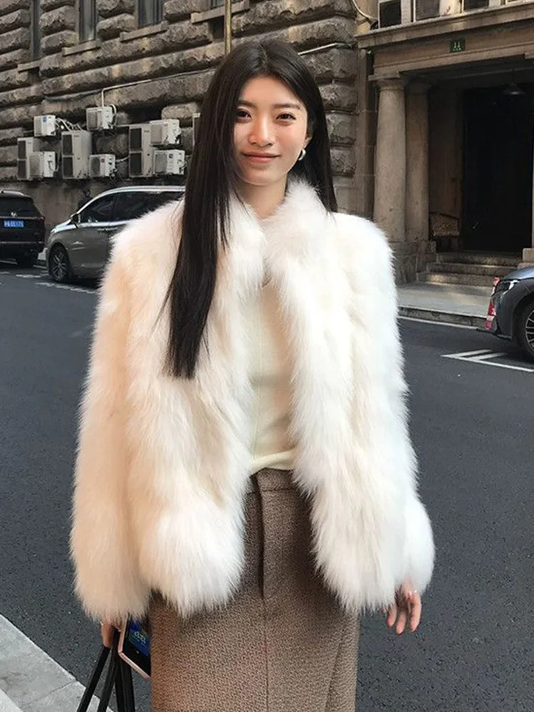 معطف فرو صناعي أبيض حلو للنساء موضة شتاء بأكمام طويلة سترة أنيقة كاجوال كورية بياقة واقفة قطع علوية أنيقة من الثعلب الصناعي #3