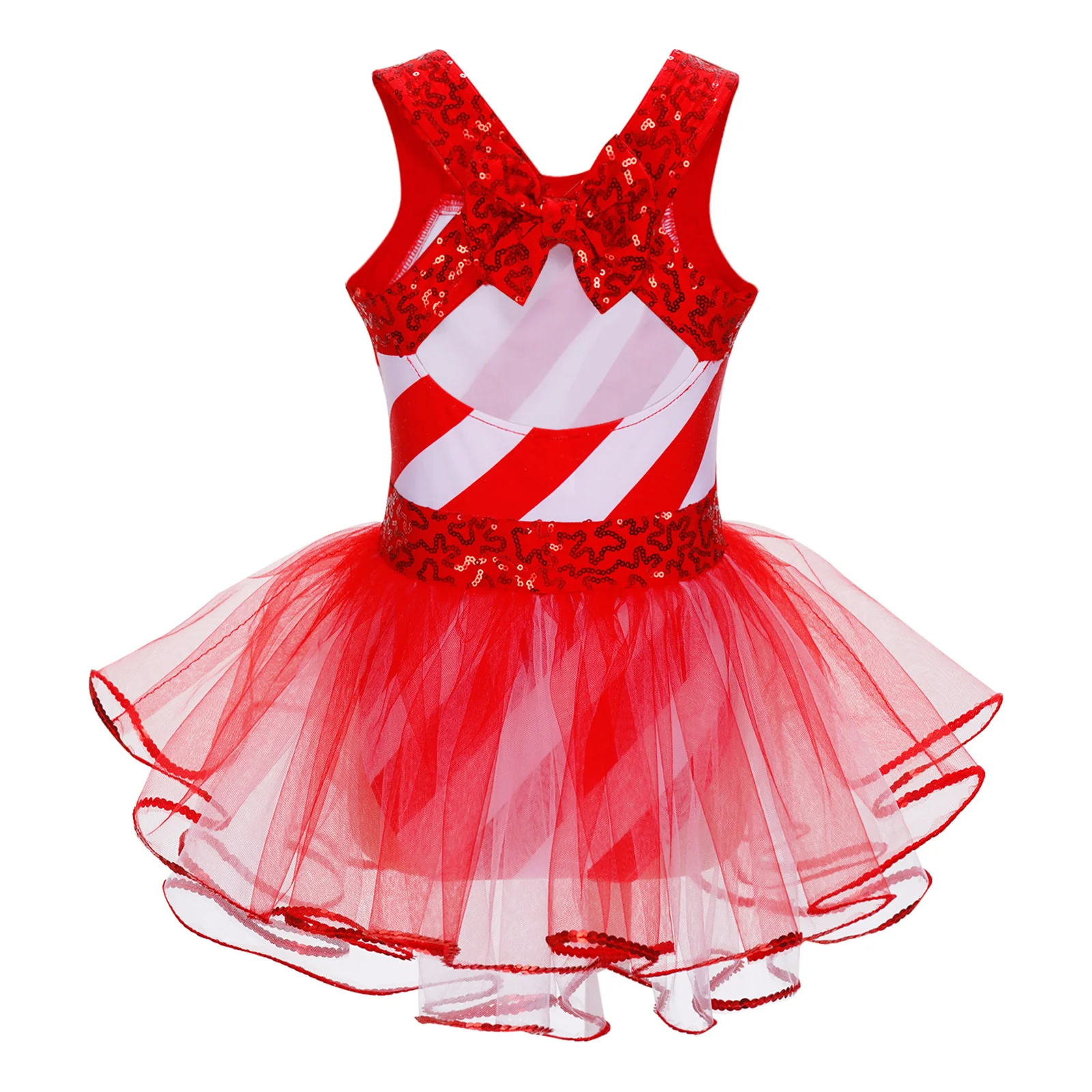 Kids Girls Candy Cane Santa Claus Costume Sequin Stripes Carnival Festival Elf Christmas Dress Skating Ballet Leotard Tutu Dress