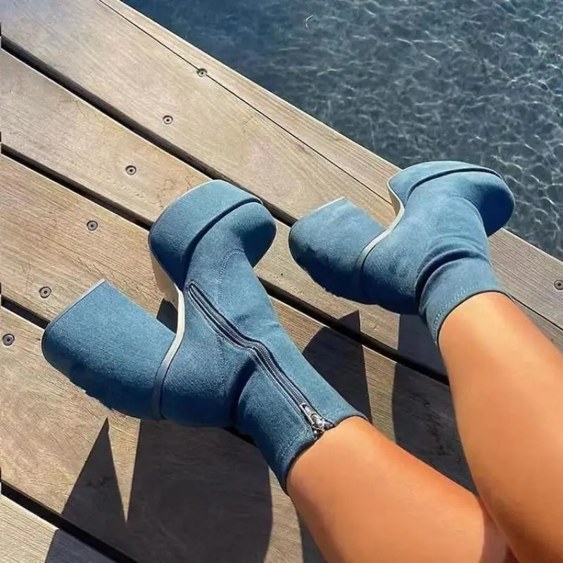 

Stretch Fabric Shoes Women Patent Leather Huaraches Concise Square Toe Slim Short Boots Thick High Heels Platform Zapatos Para