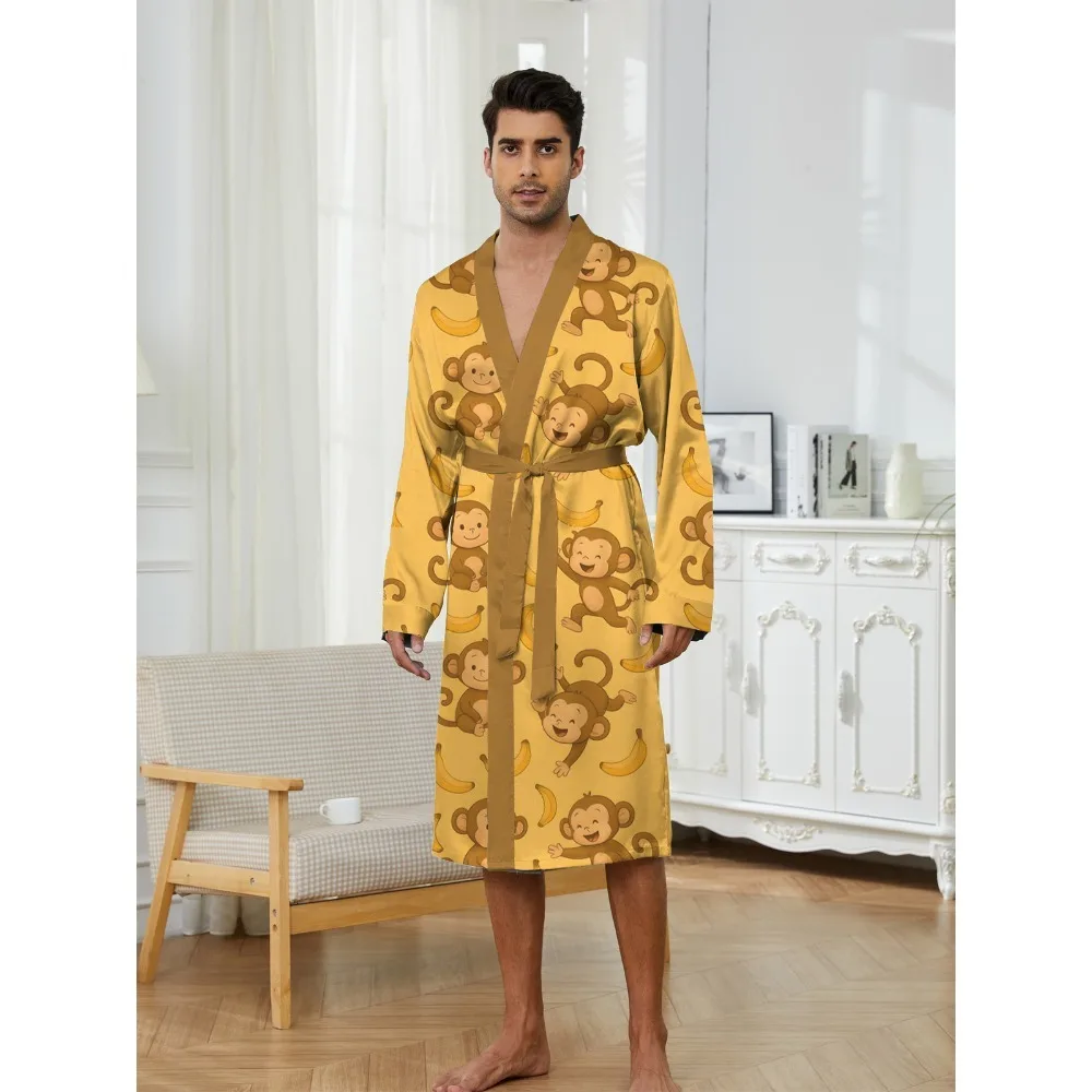 spring autumn men's long robes are a fast drying trend, while home fun monkey patterned digital printed nightgowns are casual.