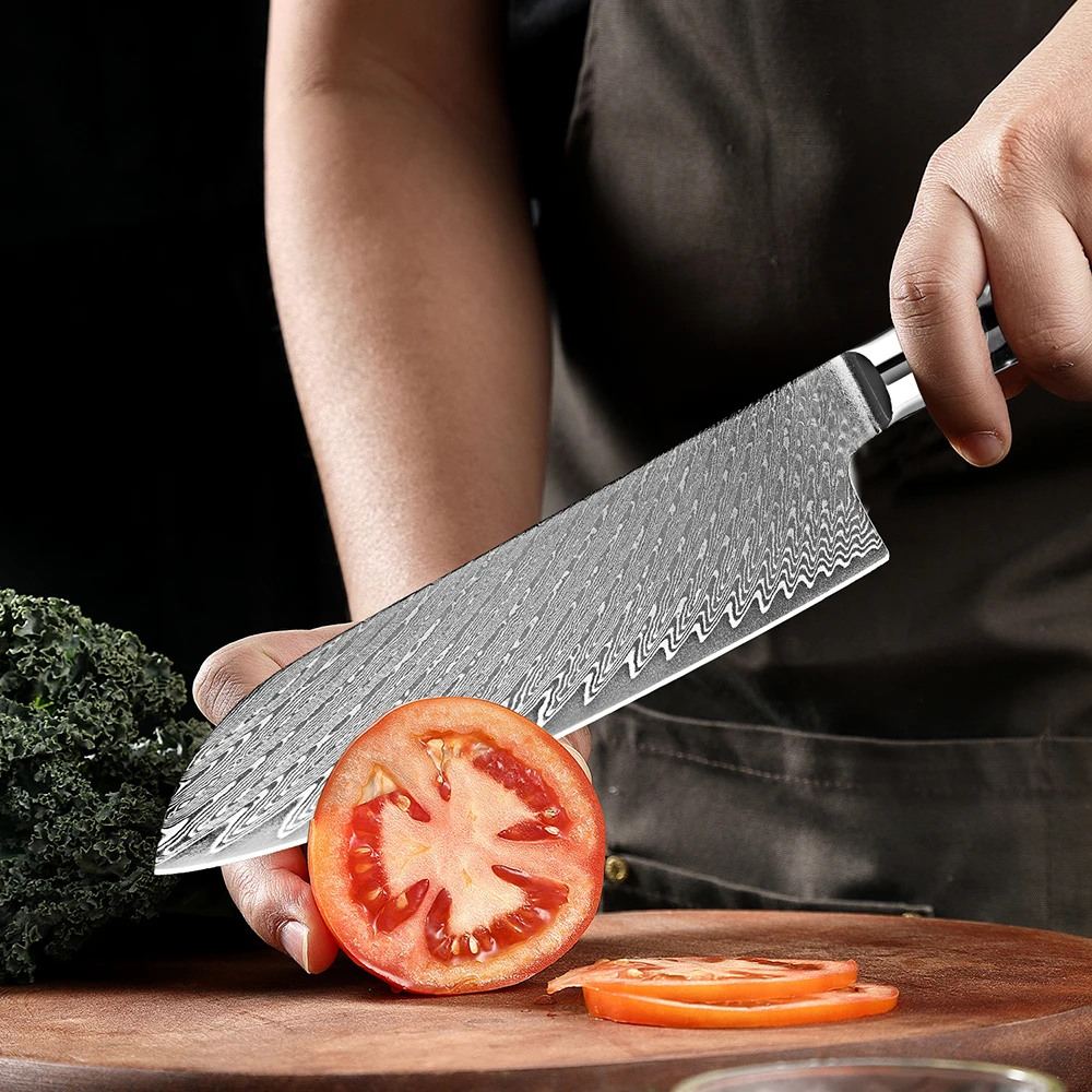 سكين الطاهي الياباني 7 بوصة سكين المطبخ سكين Santoku الحاد دمشق الصلب المطبخ سكين التقطيع الراتنج الأسود ومقبض خشبي