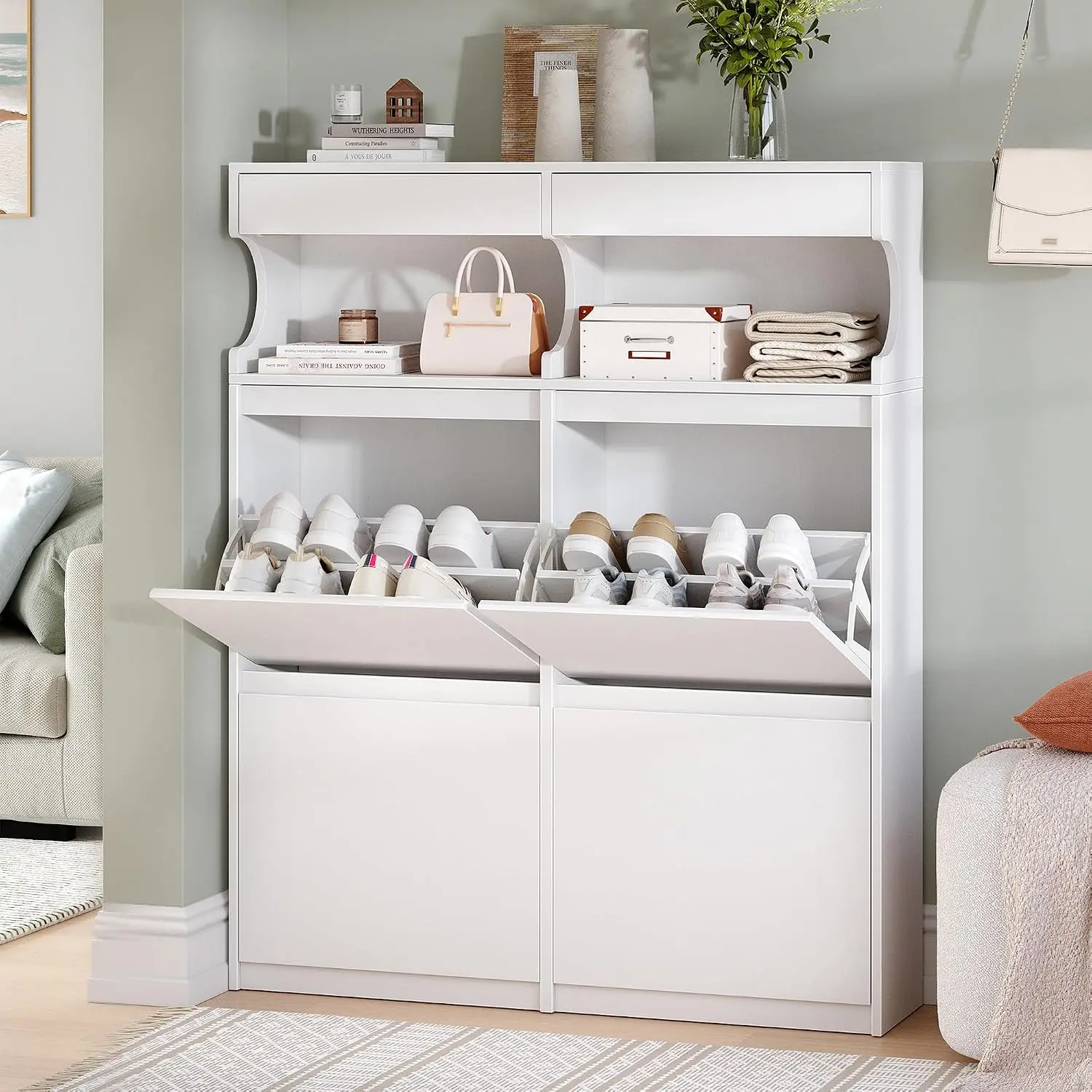 Narrow Hidden Shoe Storage Cabinet Entryway Organizer Slim Space-Saving Design Multiple Pairs, Customized