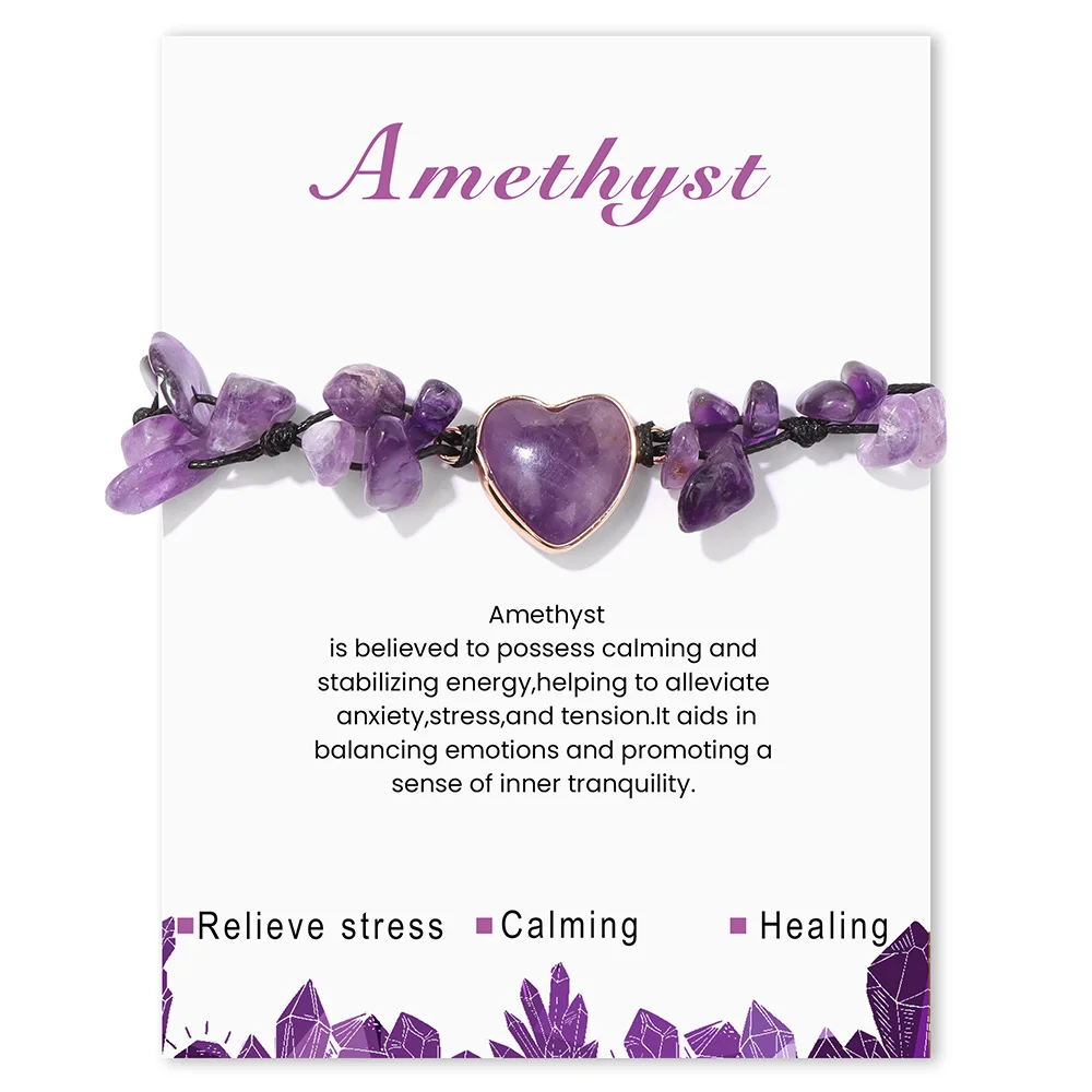 Amethyst Heart Pendant Bracelet Irregular Natural Stone Chip Beads Knotted Braided Bracelets For Women Men Adjustable Jewelry
