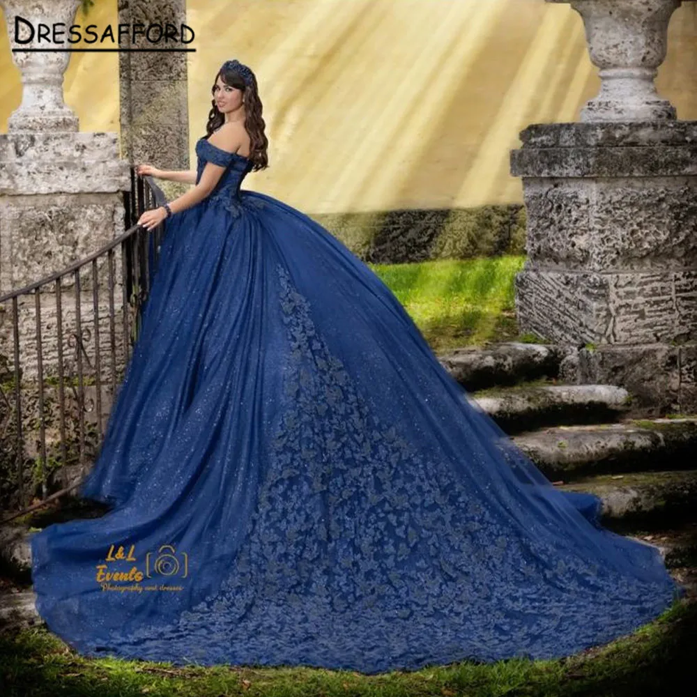 Luxious Royal Blue Appliques Off The Shoulder Quinceanera abiti ragazze Ball Gown Sweet 16 abiti compleanno