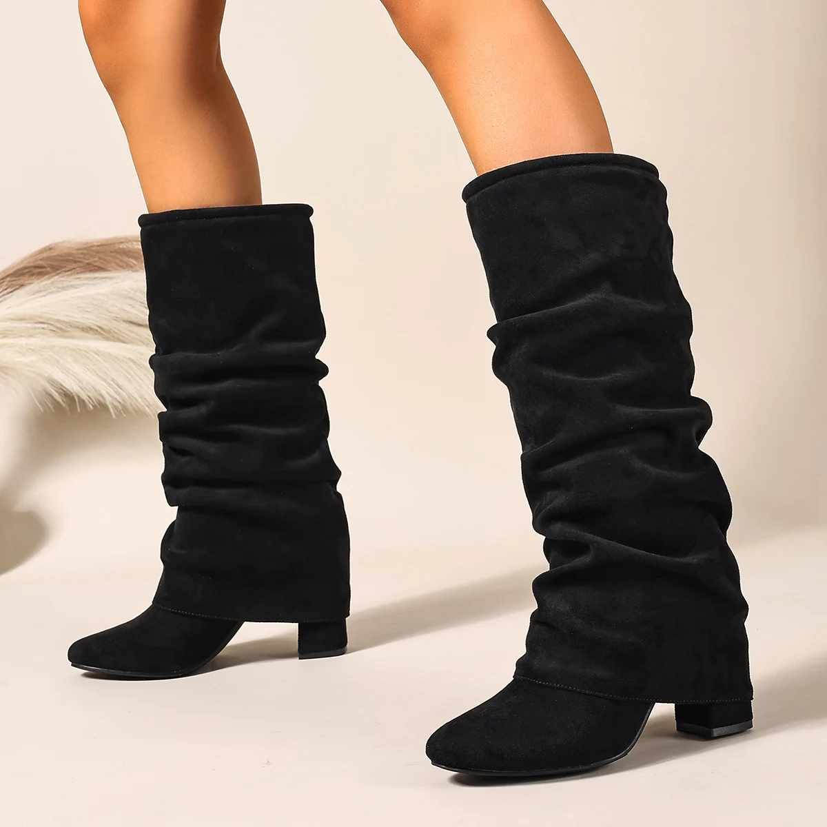Melard High-Tube Long Boots for Women, Large Size, Fashionable and Simple, Pleated Stacked Boots, Spring and Autumn Style, Round-Toe Retro High-Tube Boots for Women