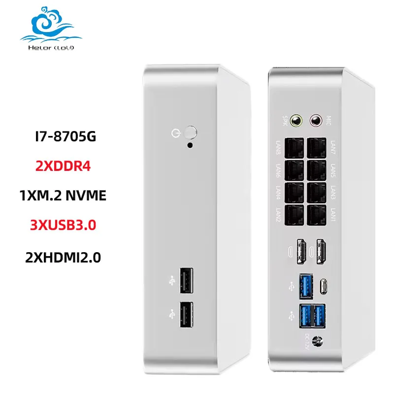 Helorpc 산업용 미니 PC(i7-8705G 지원) WiFi Linux Pfsense 컴팩트 컴퓨터(3xUSB3.0 2xUSB2.0 1xTYPE-C 2xHDMI2.0 포함)