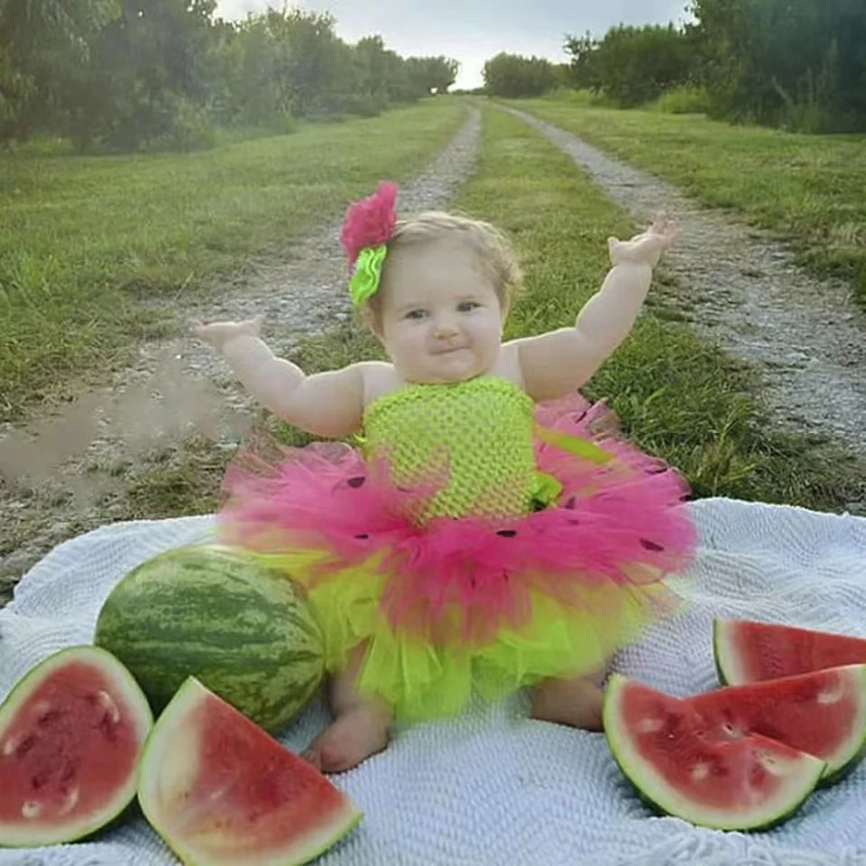 Lime Green Fuschia Watermelon Tutu Dress with Headband Infant Baby 1st Birthday Party Photo Prop Tutu Dress Halloween Costume